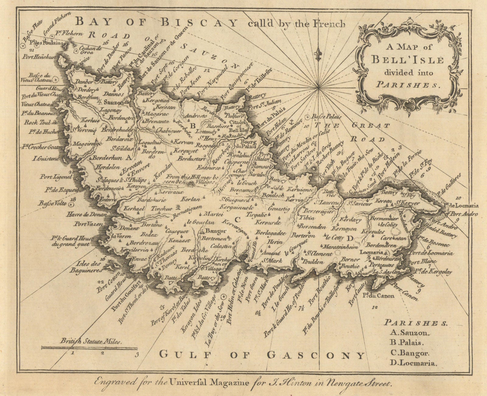 A map of Bell'Isle divided into parishes. Belle-Île-en-Mer, Morbihan 1761